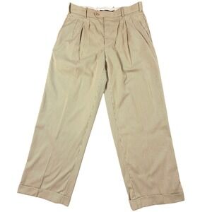 Lineage Dress Pants Mens 36x30 Tan Pinstripe Excellent Pleated Cuffed Rayon